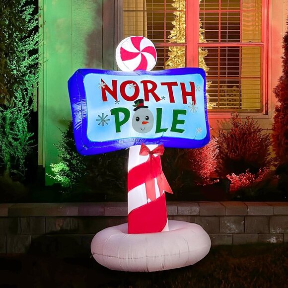 6-Ft. Tall North Pole Sign Blow Up Inflatable with Lights,  Christmas Decor - Picture 1 of 5